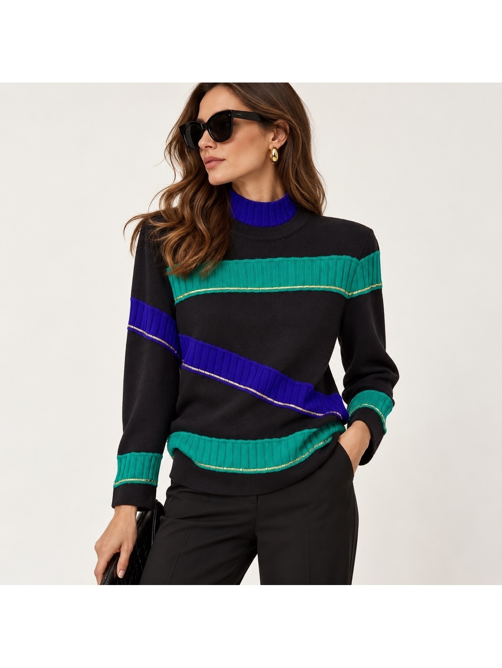 St John Womens Santana Knit Sweater P Black Teal Purple Gold Vintage Old Money